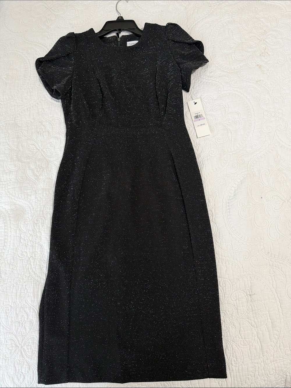 Calvin Klein Black Sparkle Midi Dress with Puff Sleeves